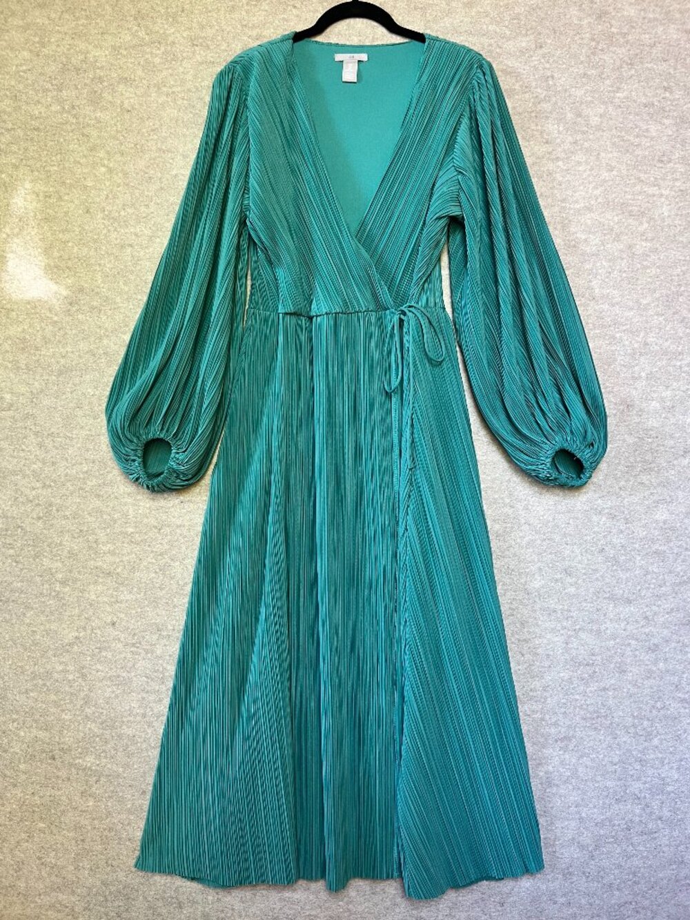 H&M Pleated Long-Sleeve Green Wrap Dress, Size L